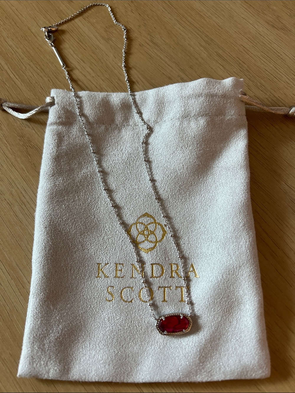 Kendra Scott Silver Necklace with Ruby-Red Stone Pendant